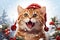 Christmas funny cat wearing a red Santa hat, surrounded by snowflakes, Christmas tree branch and berry branch