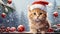 Christmas funny cat wearing a red Santa hat, surrounded by snowflakes, Christmas tree branch and berry branch