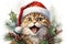 Christmas funny cat wearing a red Santa hat, surrounded by snowflakes, Christmas tree branch and berry branch