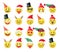 Christmas funny emoji. Cute holiday emotion yellow faces in hats or reindeers horns, positive smiley heads, xmas and new