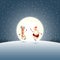 Christmas funny poster - Happy expresion of Santa Claus and Reindeer - moonlight winter landscape