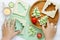 Christmas funny sandwiches with cucumber slice, tomato star and