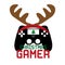 Christmas gamer- text and cute controller, with reindeer antler.