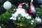 Christmas garland, balls, lights, toys, decorative figure Santa Claus on a Christmas tree. new years eve. home decoration