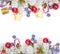 Christmas garland with red and blue berries, golden gift and winter fir border isolated on white background