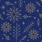Christmas geometric seamless background pattern, snowflakes, gold ornaments on dark blue