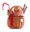 Christmas gift basket with treats and gingerbread man isolated