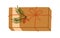 Christmas gift box in kraft paper, holiday wrapping. Present decorated with berry branch, tag