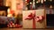 Christmas gift box near cosy fireplace in the English country cottage, winter holidays, boxing day celebration and