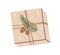 Christmas gift box with twine, fir branch, packed in holiday kraft wrapping. Xmas present, surprise in brown craft paper