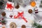 Christmas gift boxes on the festive table, flat lay, selective focus. Preparing for the New Year and Christmas with tangerines,