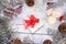 Christmas gift boxes on a festive table, flat lay, selective focus. Preparing for the New Year and Christmas with tangerines,