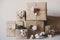 Christmas gift boxes with flowers and decorative objects Eco cotton, cinnamon, spruce branches and jute rope hank over white backg