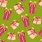 Christmas gift boxes seamless pattern. Round and rectangular boxes with red and gold ribbons and bows. Green background.