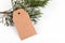 Christmas gift tag mock up of craft paper present label and green fir branch on white background