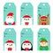 Christmas gift tag set. Santa Claus Elf Snowman White polar bear Raindeer Deer Penguin bird face. New Year. Cute cartoon funny