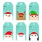 Christmas gift tag set. Snowman Santa Claus Elf White polar bear Raindeer Deer Penguin bird face. New Year. Cute cartoon funny