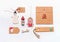 Christmas gift wrapping concept. Flat lay of various craft eco paper cardboard package and tags, vintage snowman,decoration