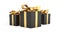 Christmas gifts black boxes tied with gold ribbon. Birthday gift with love. Happy celebration present.