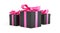 Christmas gifts black boxes tied with pink ribbon. Birthday gift with love. Happy celebration present.