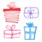 Christmas gifts box scribbles clipart. Hand drawn winter doodles line art. Outline vector illustration.