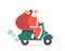 Christmas Gifts Delivery Service Concept. Santa Claus Riding Scooter with Presents in Red Sack Rucksack. Father Noel