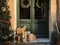 Christmas gifts in front of the front door. Delivery of a gift for the holiday