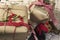 Christmas gifts, retro decoration, stars and red ribbons,