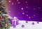 Christmas gifts in snow on bokeh purple background. 3D render.