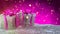 Christmas gifts in snow on pink bokeh background. Seamless loop. 3D render.