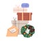 Christmas gifts stack. Winter holiday present boxes wrapped in festive wrapping with bows, Xmas wreath, New Year