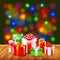 Christmas gifts on wooden table colorful background