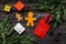 Christmas gifts. Wrapped boxes and gingerbread cookies near spruce branches on dark wooden background top view