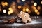 Christmas gingerbread on a background of festive golden bokeh. Ð¡hristmas baking, sweets. Hand decorated