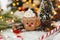 Christmas gingerbread cookie and decorations at christmas tree  gingerbread cup