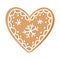 Christmas gingerbread cookie in the shape of heart with icing isolated on white background. Festive homemade sweet