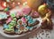 Christmas gingerbread cookies decorated with colored frosting for new year, Christmas party, winter holiday, sweet home