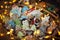 Christmas gingerbread cookies with festoon lights. Stars, fox,