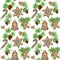 Christmas gingerbread cookies seamless pattern, pine branches heart bell winter holiday sweet food background