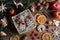 Christmas gingerbread cookies in a square wicker basket, top vie