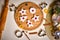 Christmas Gingerbread Cookies Star Shape in Stack. Holiday concept decorated on the table.