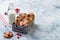 Christmas gingerbread. Decorated red nosed reindeer cookies with milk bottle. Festive homemade decorated sweets.