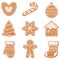 Christmas gingerbread, food for the winter holidays. Christmas tree, cane, heart, house, mitten, snowflake, sock, new