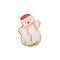 Christmas gingerbread in the form of a snowman covered with white sweet icing. Homemade holiday pastries. Isolated on a white