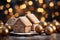 Christmas Gingerbread house on the background of golden festive bokeh.Christmas baking.Holiday mood