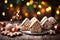 Christmas Gingerbread house on the background of golden festive bokeh.Christmas baking.Holiday mood