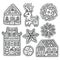 Christmas gingerbread set in outline. Deer, snowflakes and houses cookies in vector