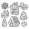 Christmas gingerbread set in outline. Fox, bird, snowflakes and houses cookies in vector