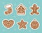 Christmas gingerbread stickers. Holiday sticker pack. Christmas ornament. Gingerbread man, house, sock etc. Winter holiday cookies