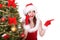 Christmas girl call mobile phone, fir tree